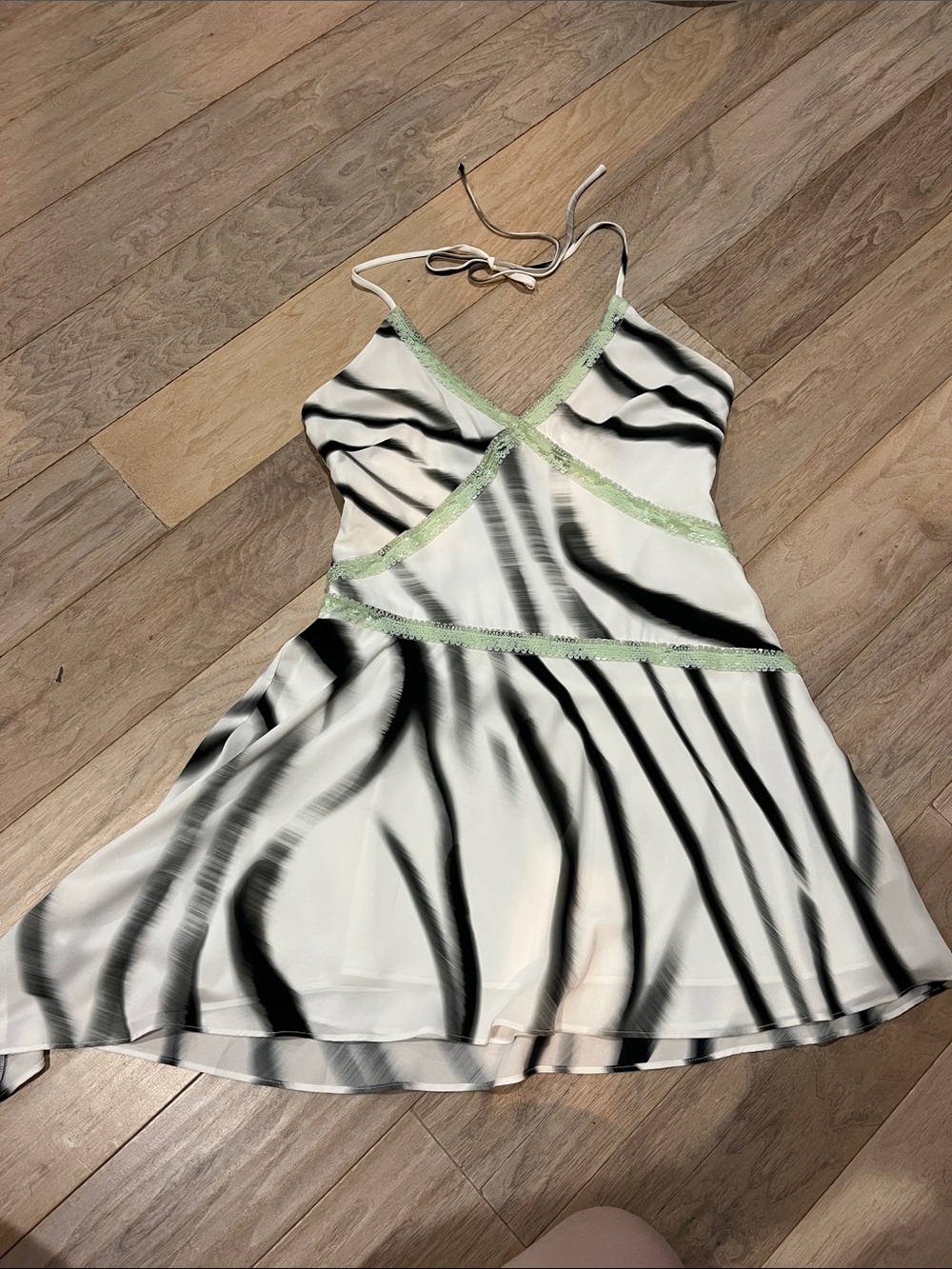 White & Black Striped Halter Mini Dress with Mint Trim